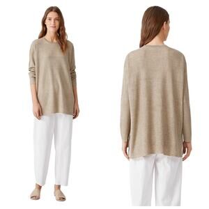 Eileen Fisher Round Neck Pullover Sweater Organic Linen Khaki Ribbed Size M New